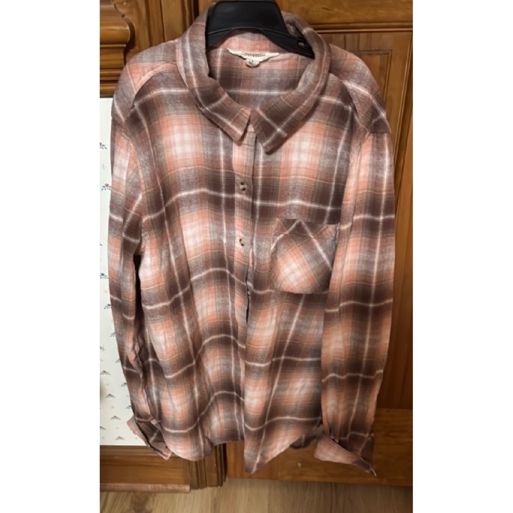 Lucky Brand Womens Plaid Button Down Shirt Small Brown Peach Long Sleeve Flannel